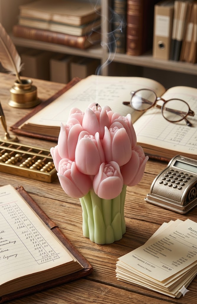 Pink tulip bouquet candle on vintage desk