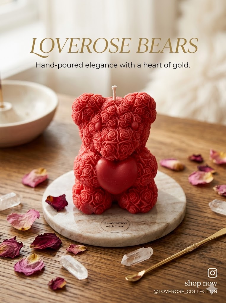 Red loverose bear candle with heart