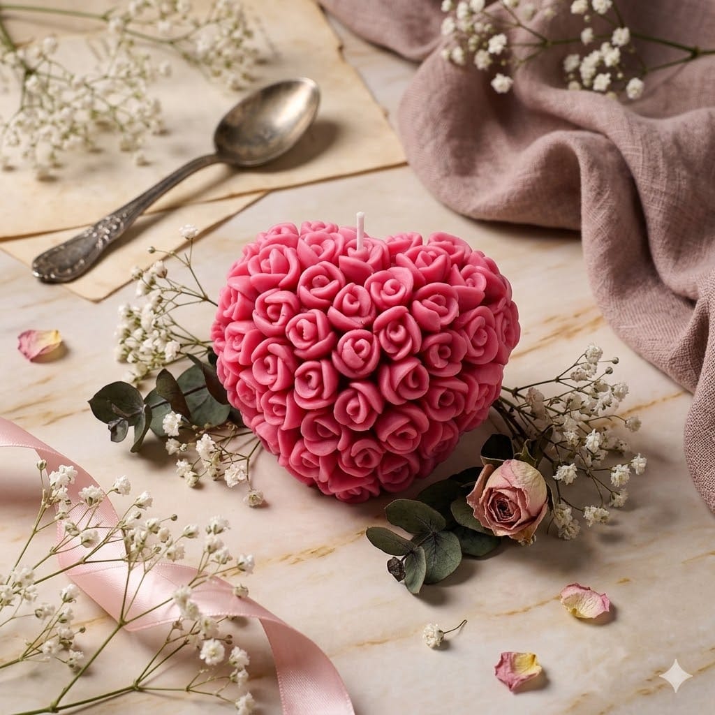 Pink heart candle made from small roses